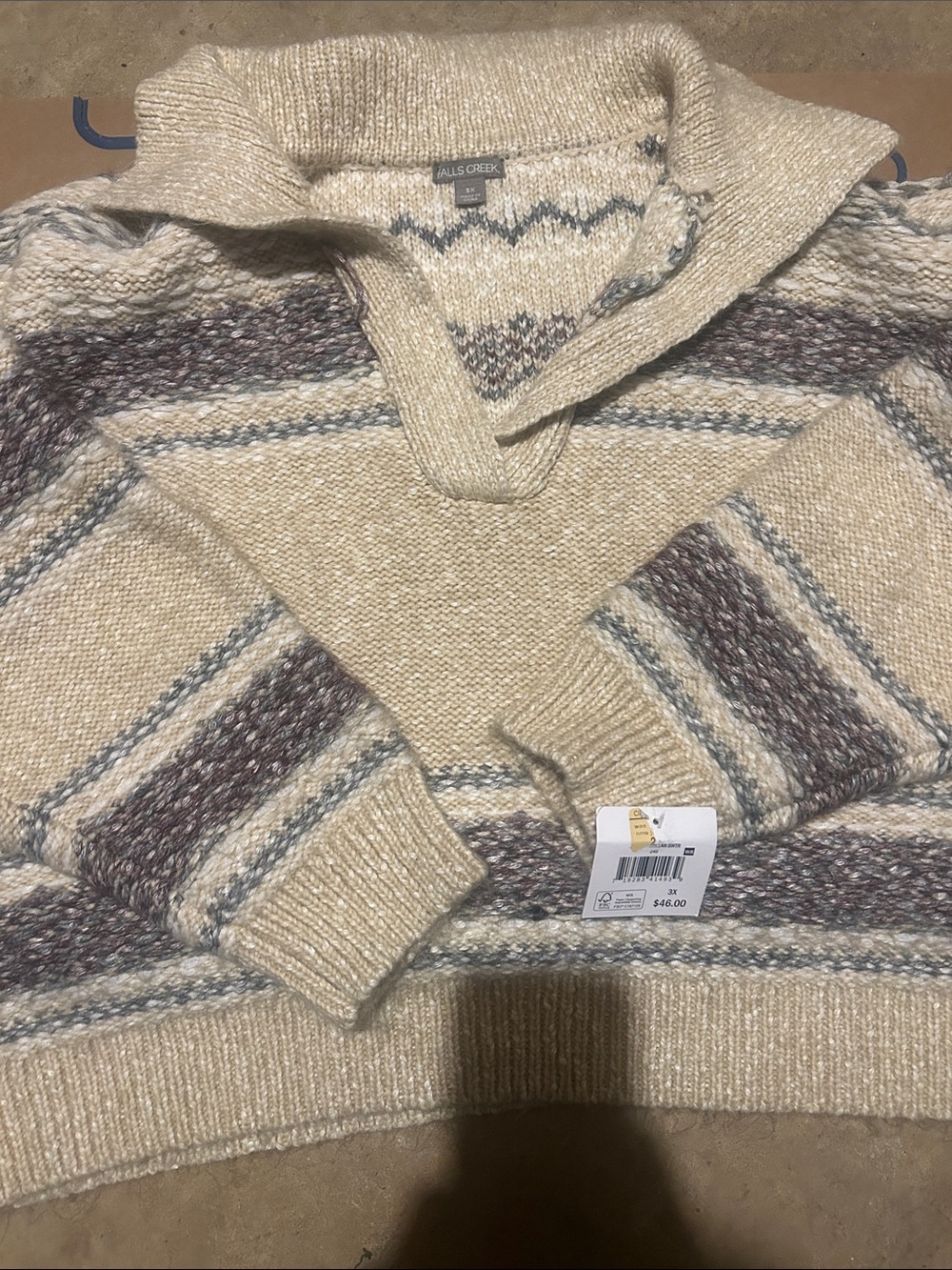 Falls Creek Cream V-Neck Shawl Collar Sweater with Gray & Brown Stripes